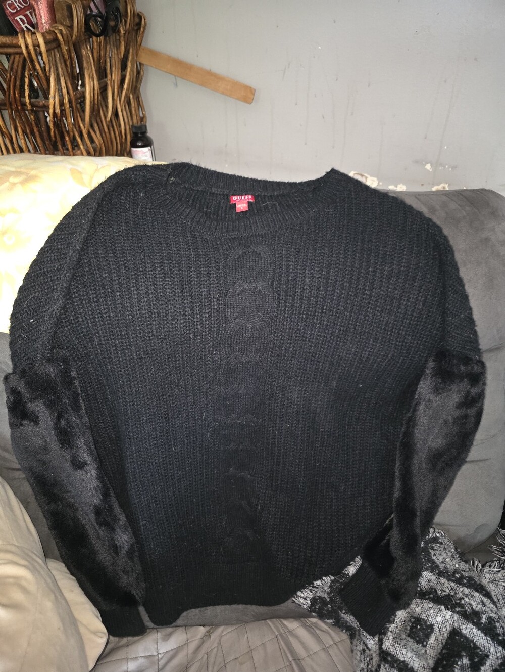 Guess  Generous Size Small Black Cable Knit Crew Sweater with Faux Fur Sleeves